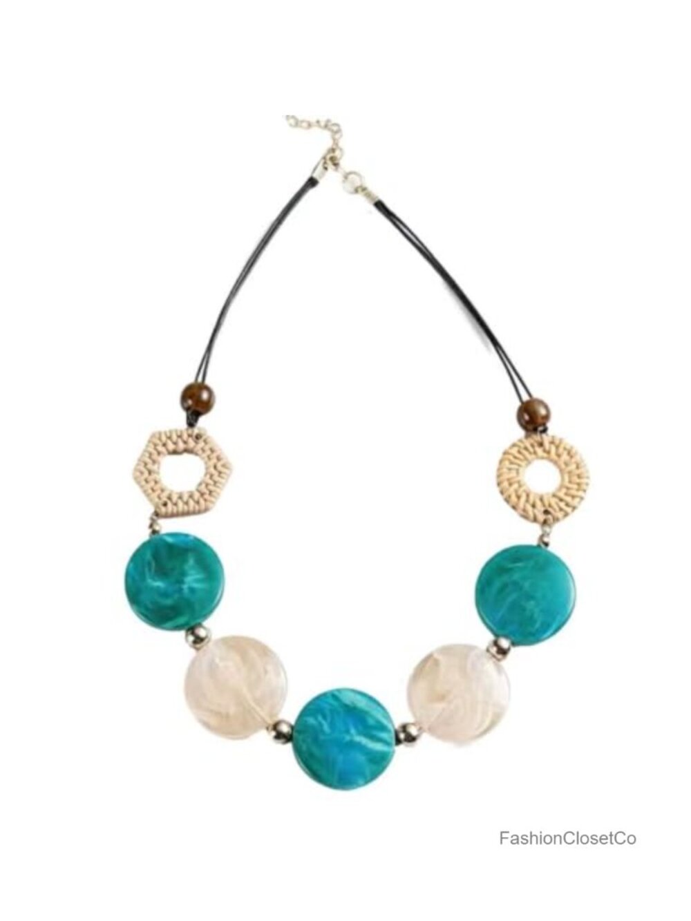 Boho Chunky Statement Necklace with Rattan Pendant & Round Disc